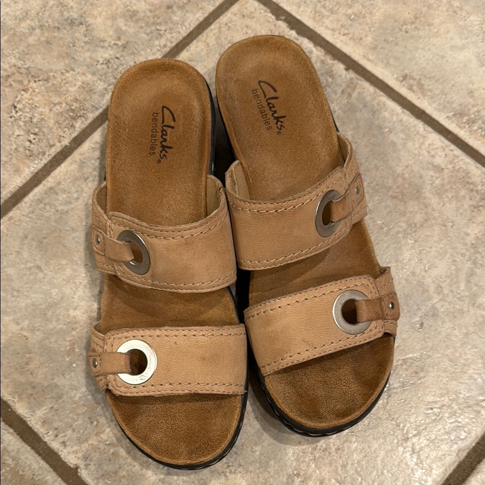 Clarks Beige Slide Sandals with Silver Accents